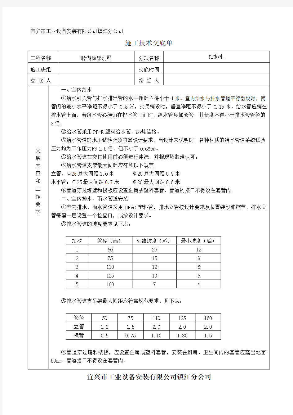 室内给排水工程施工技术交底