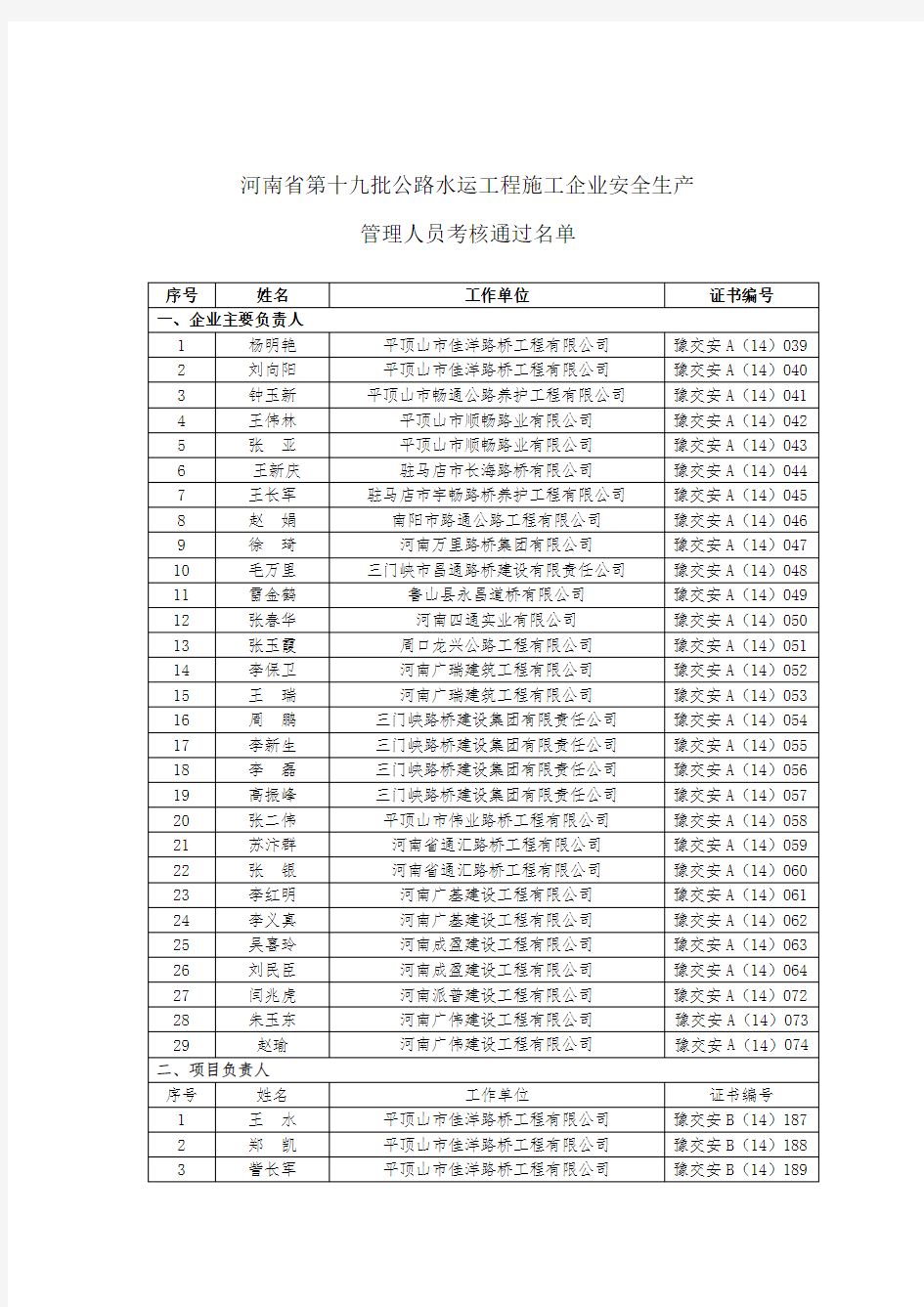 河南省第十九批公路水运工程施工企业安全生产