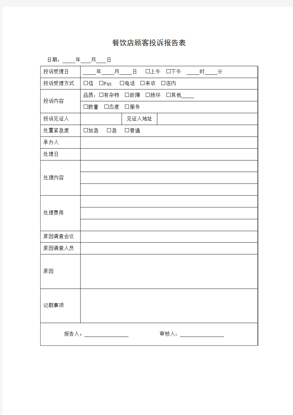 餐饮店顾客投诉报告表