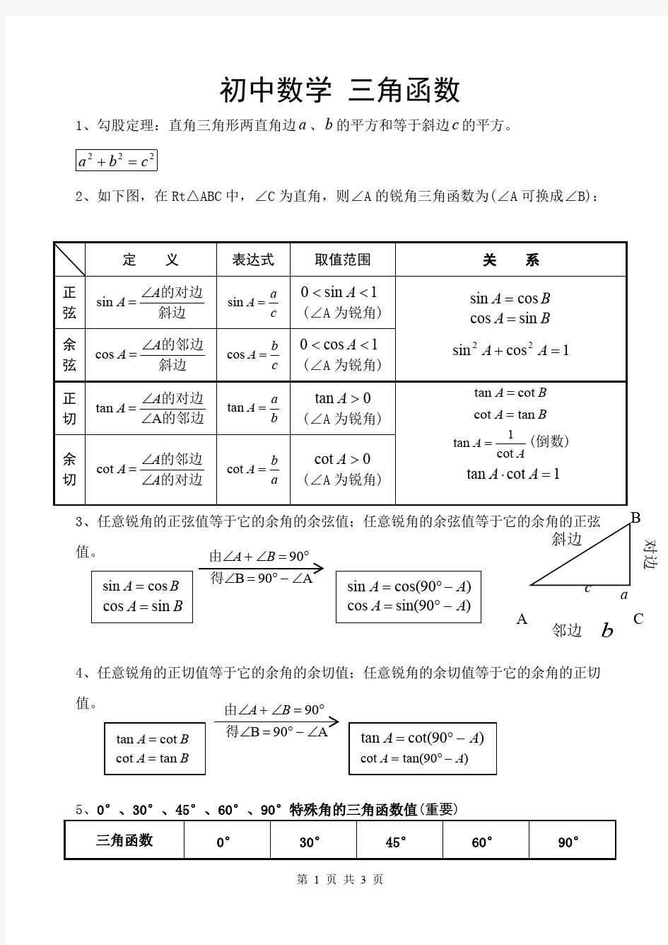 初三数学三角函数知识点