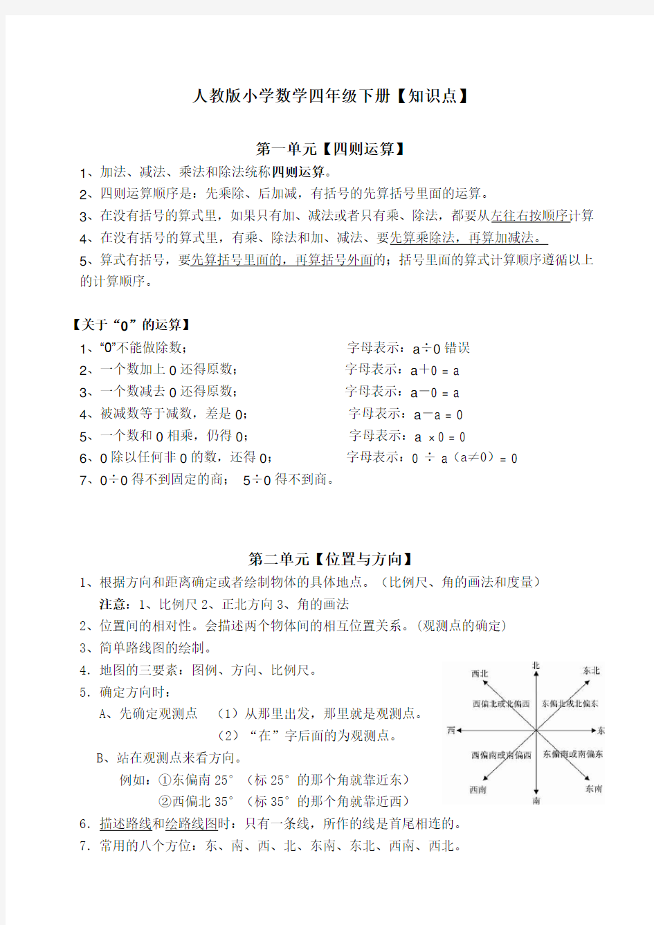 人教版小学数学四年级下册【所以知识点】