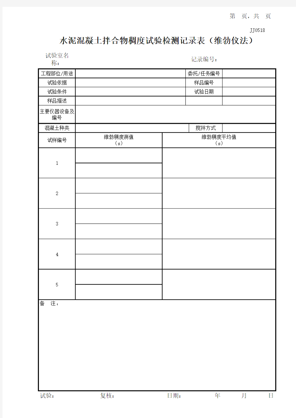 水泥混凝土拌合物稠度试验检测记录表