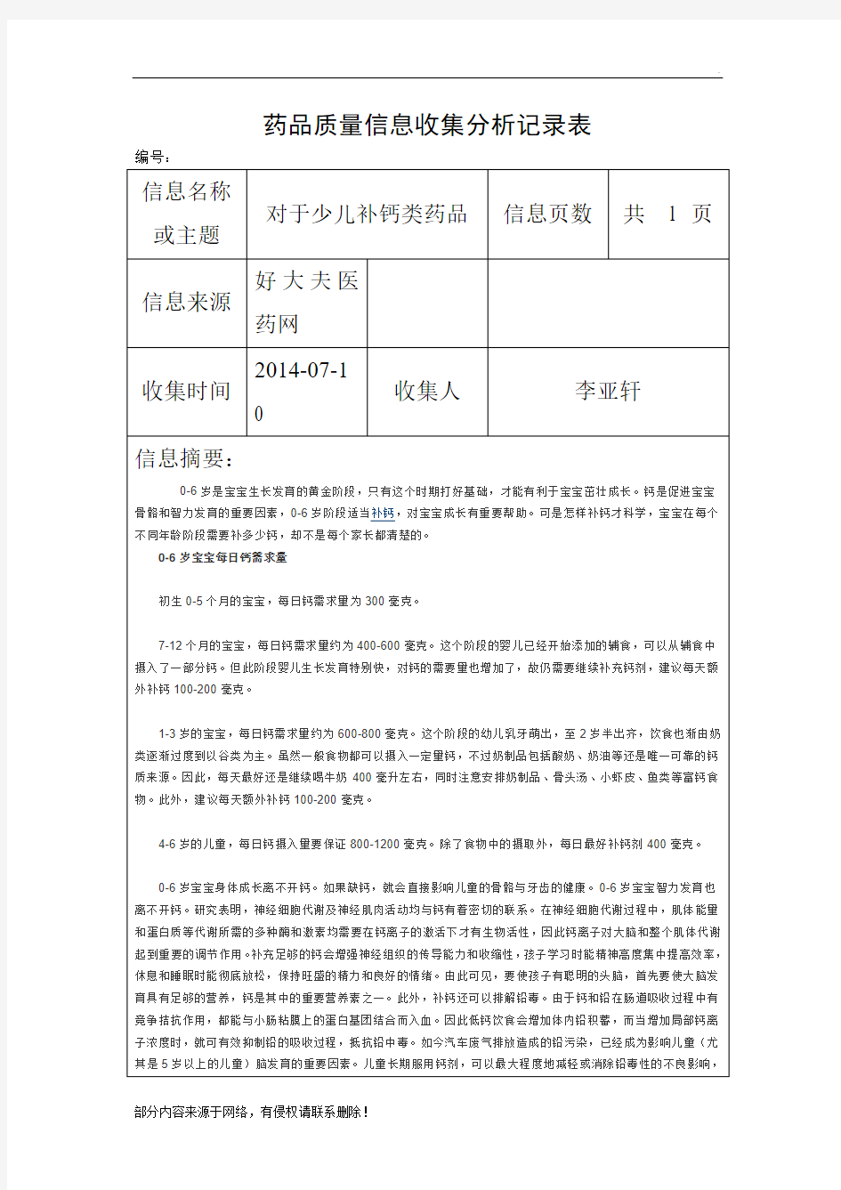 药品质量信息收集分析记录表