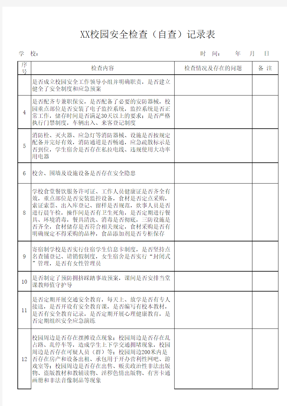 学校校园安全检查记录表