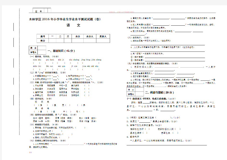 2016人教版六年级语文毕业测试题