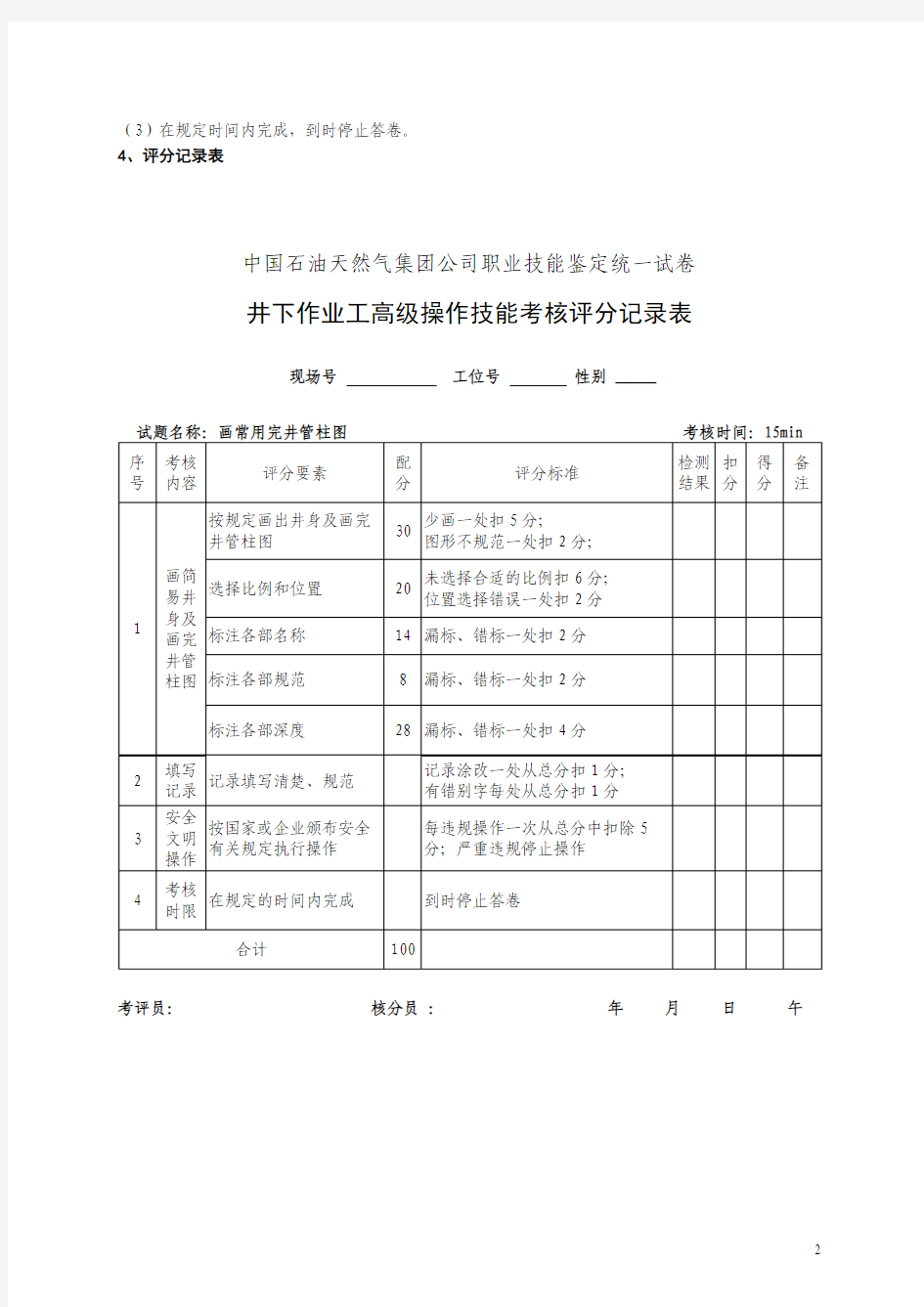 石油井下作业工高级试题  职业技能鉴定操作技能考核项目