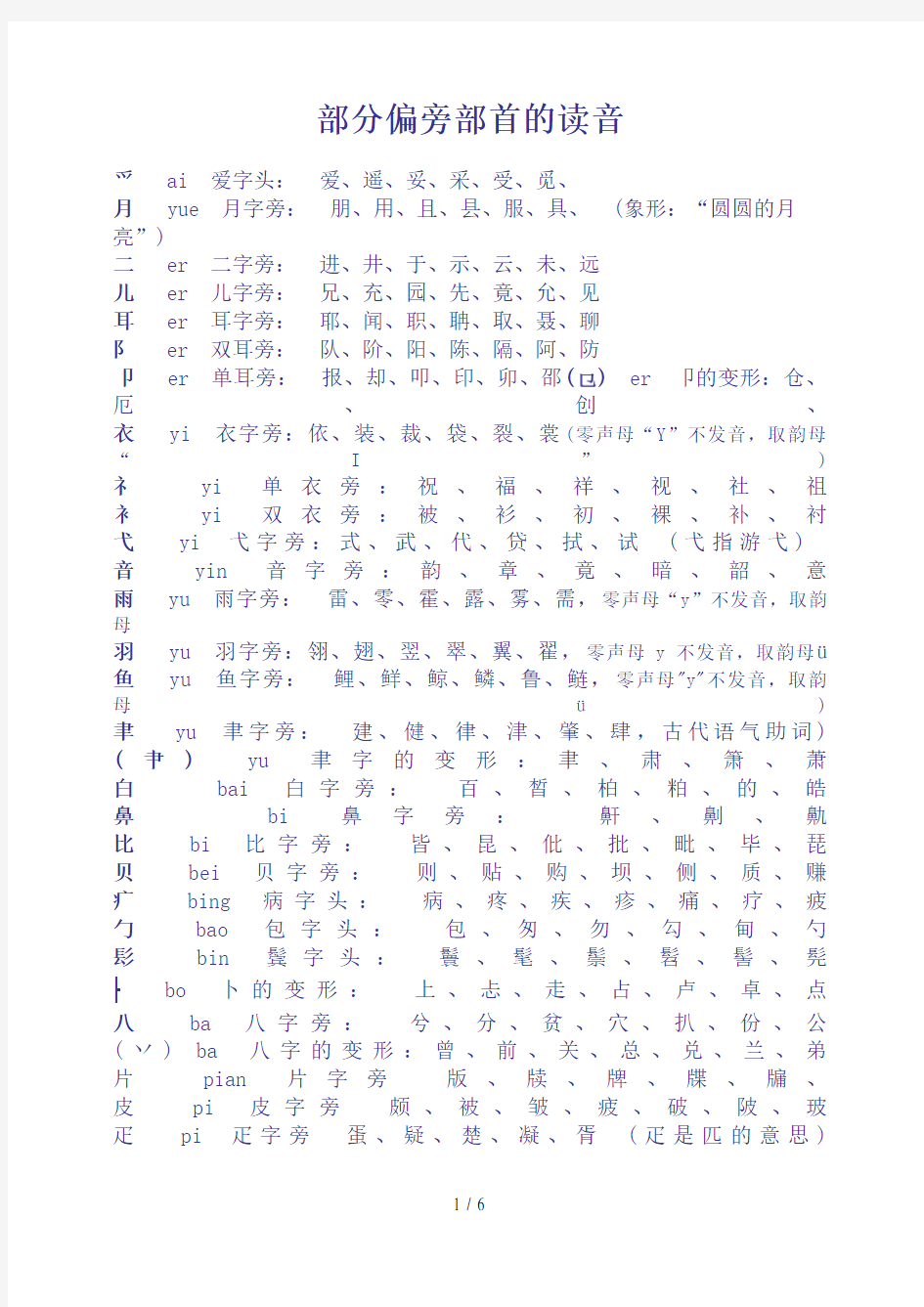 汉字偏旁部首读法