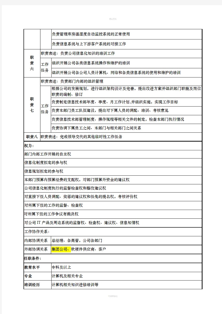 信息技术部经理岗位说明书