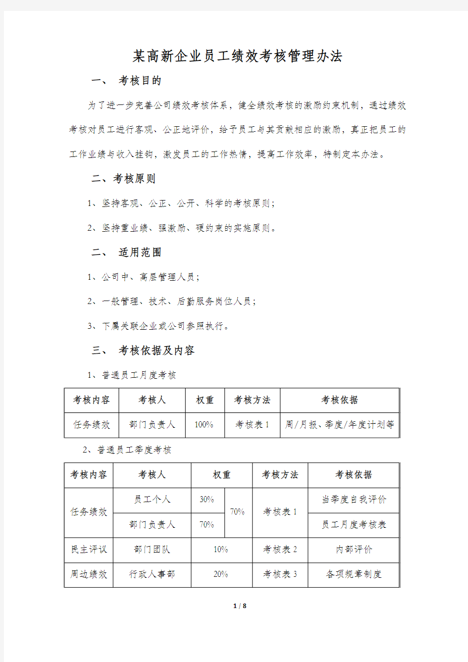 某高新企业员工绩效考核管理办法