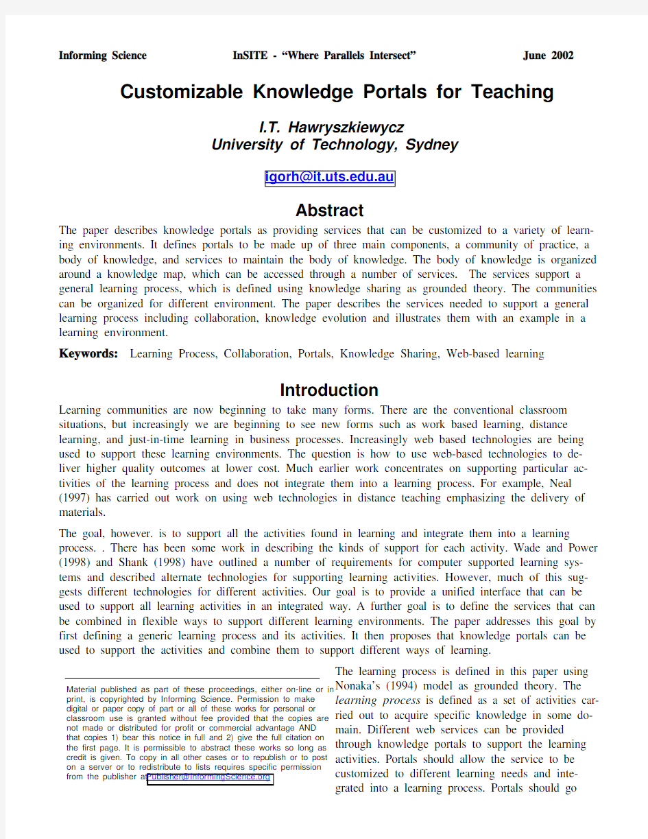 Informing Science InSITE- “Where Parallels Intersect ” June 2002 Customizable Knowledge P