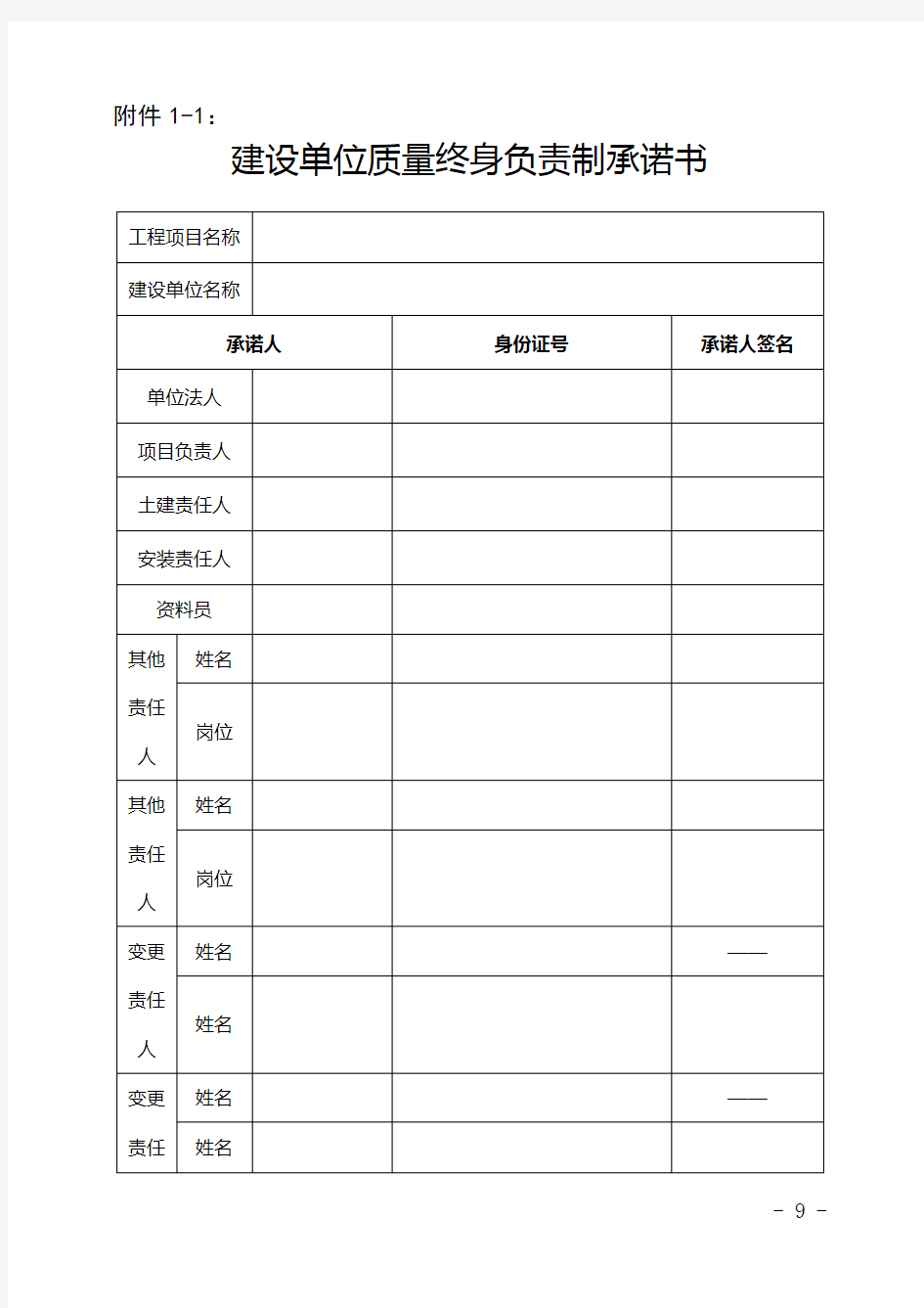 质量终身负责制承诺书