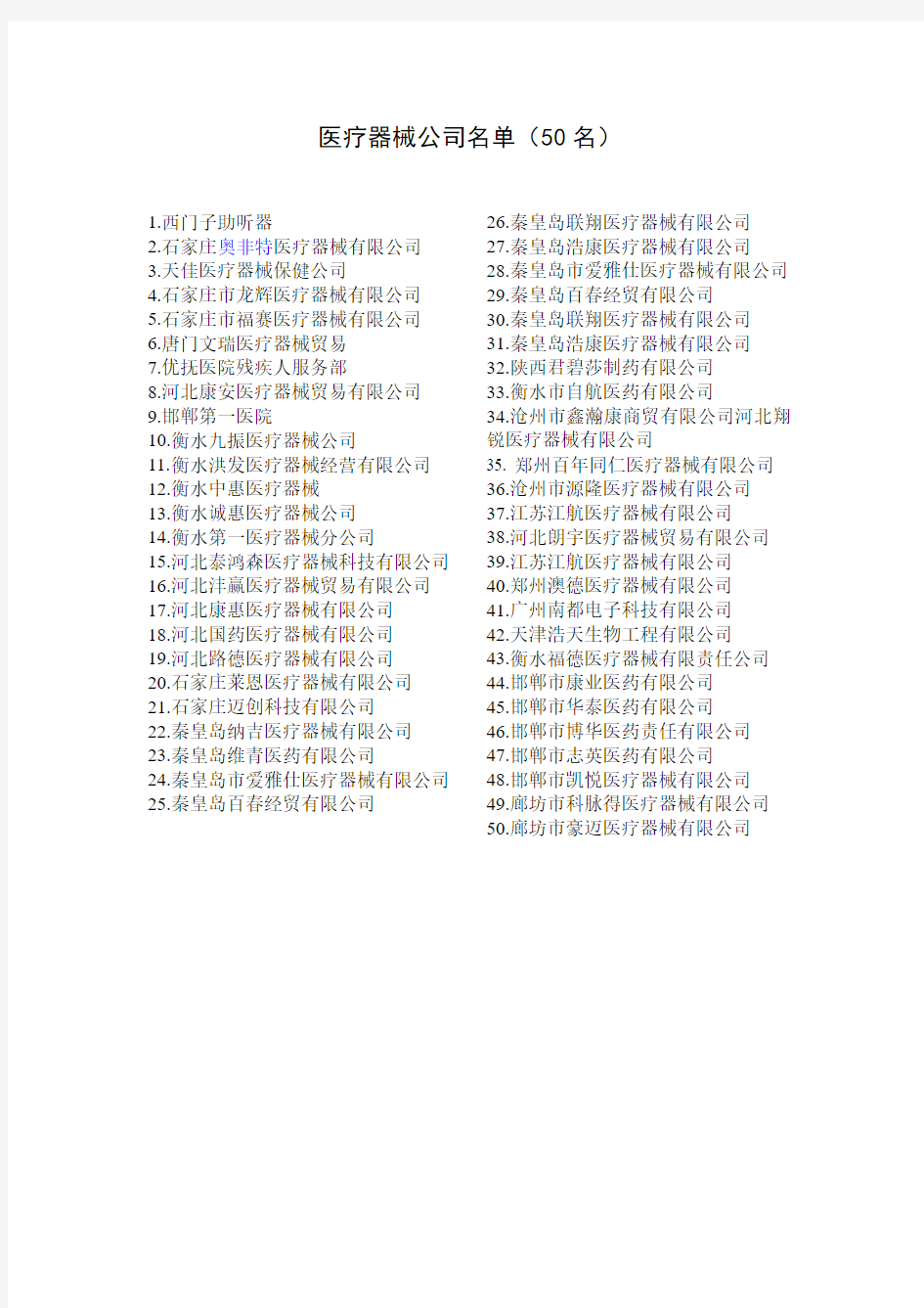 医疗器械公司名单