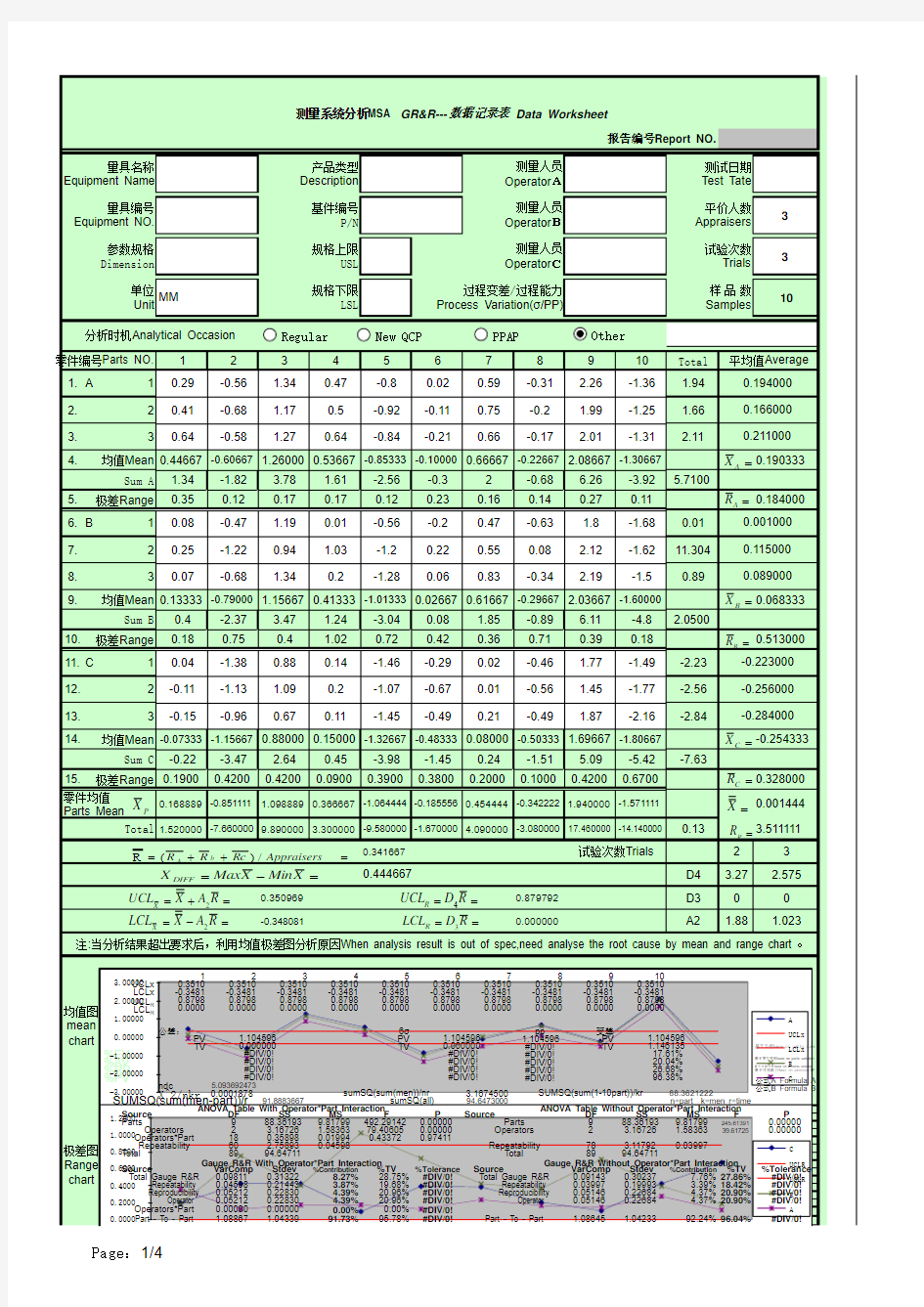 GR&R自动生成Excel表格(MSA第四版)