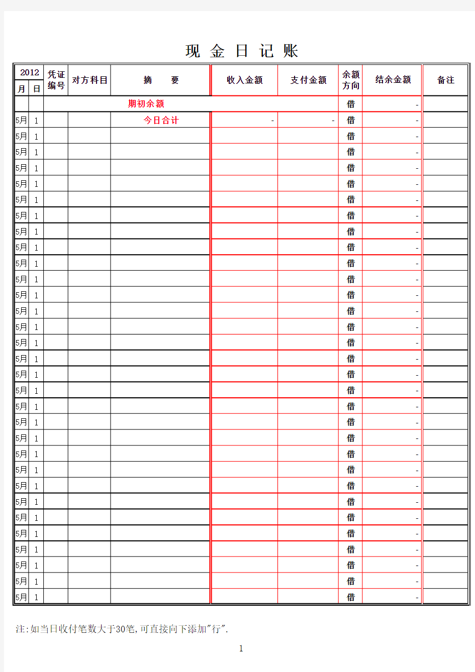 现金日记账-电子表格模板