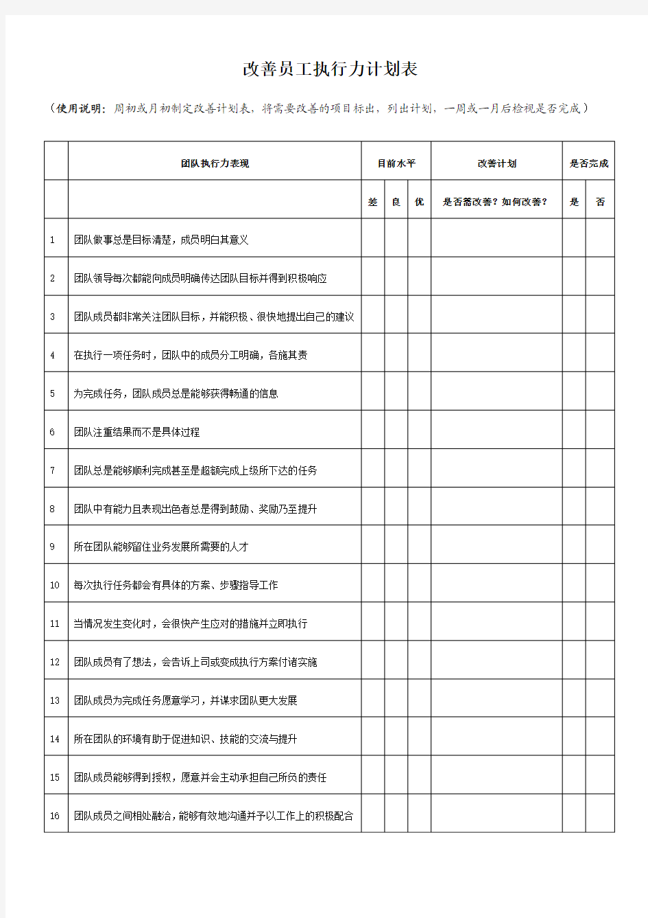 改善员工执行力计划表