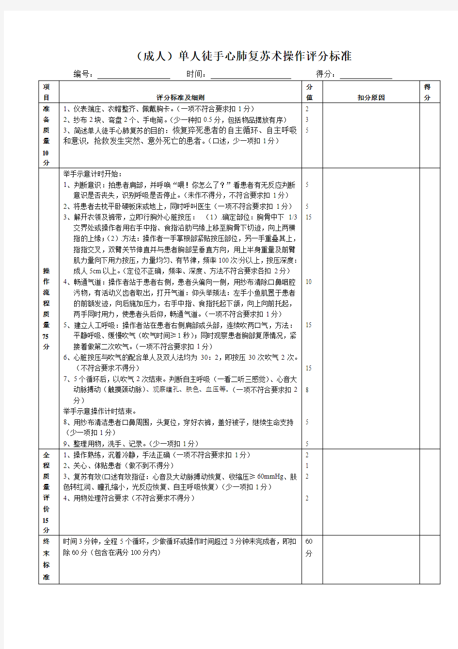 成人单人徒手心肺复苏术操作流程新