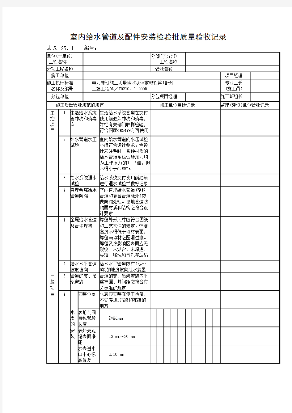 室内给水管道及配件安装检验批质量验收记录