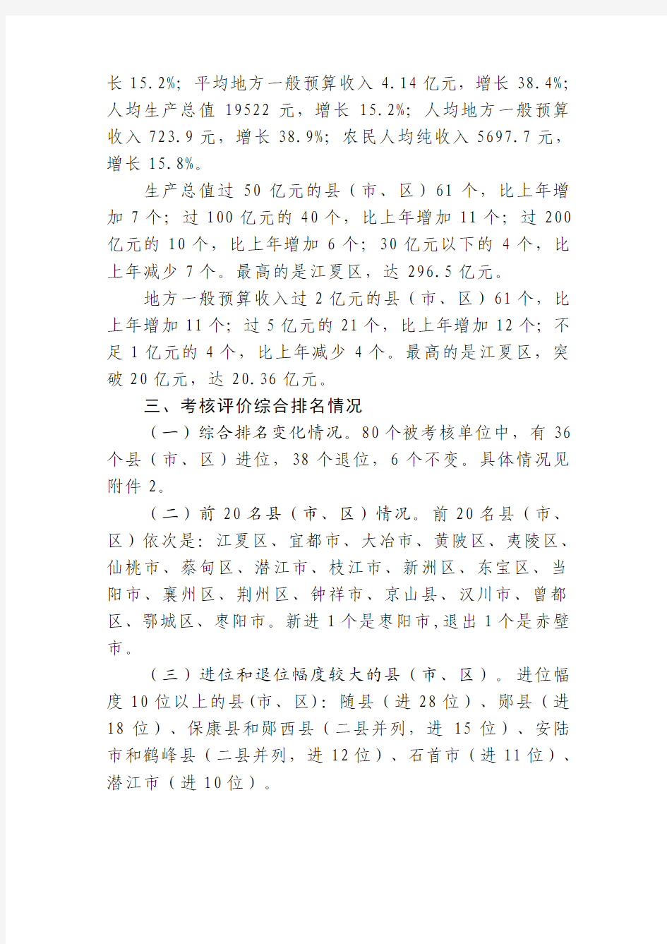 2010年湖北省县域经济发展考核评价报告