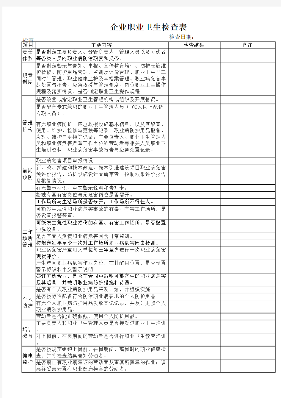 (完整版)职业卫生安全检查表