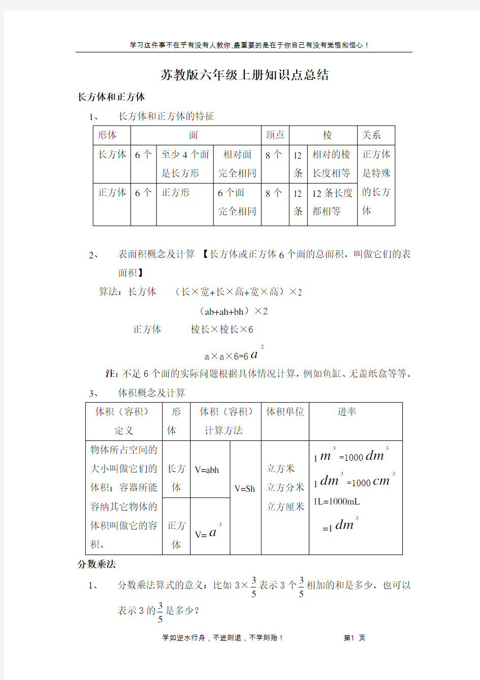 苏教版六年级数学上册知识点总结