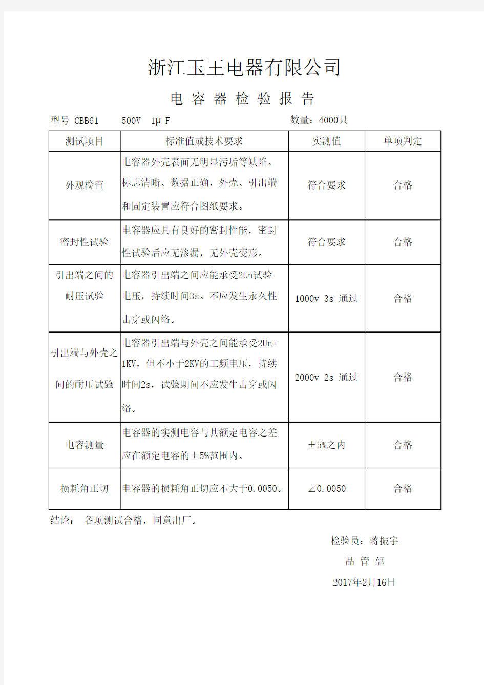 CBB61电容出厂报告500V