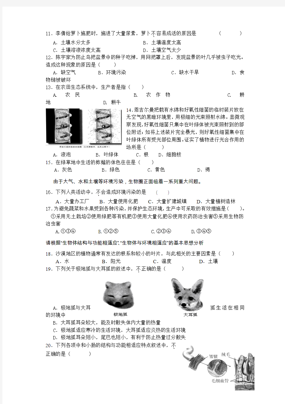 苏教版七年级生物上期末考试题及答案