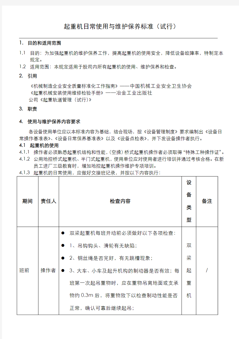 起重机日常使用与维护保养规范