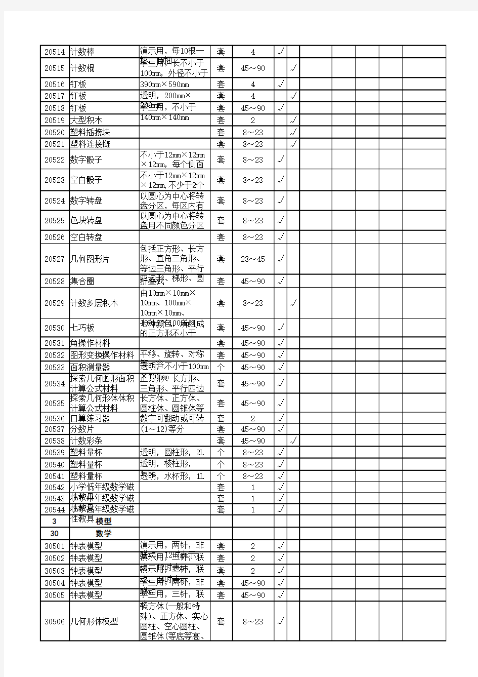 教育部小学数学科学教学仪器配备标准