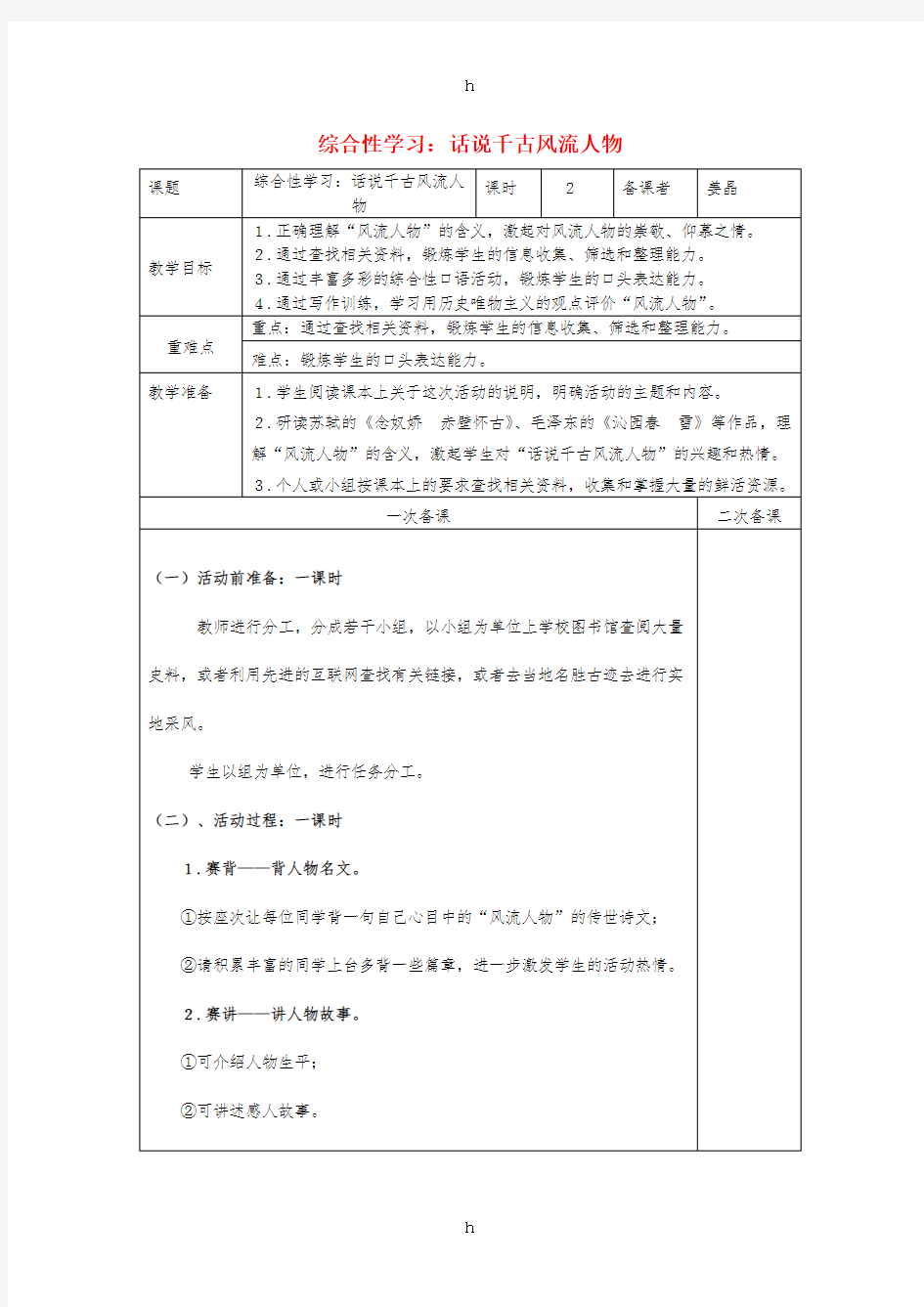 九年级语文上册 综合性学习《话说千古风流人物》教案 新人教版