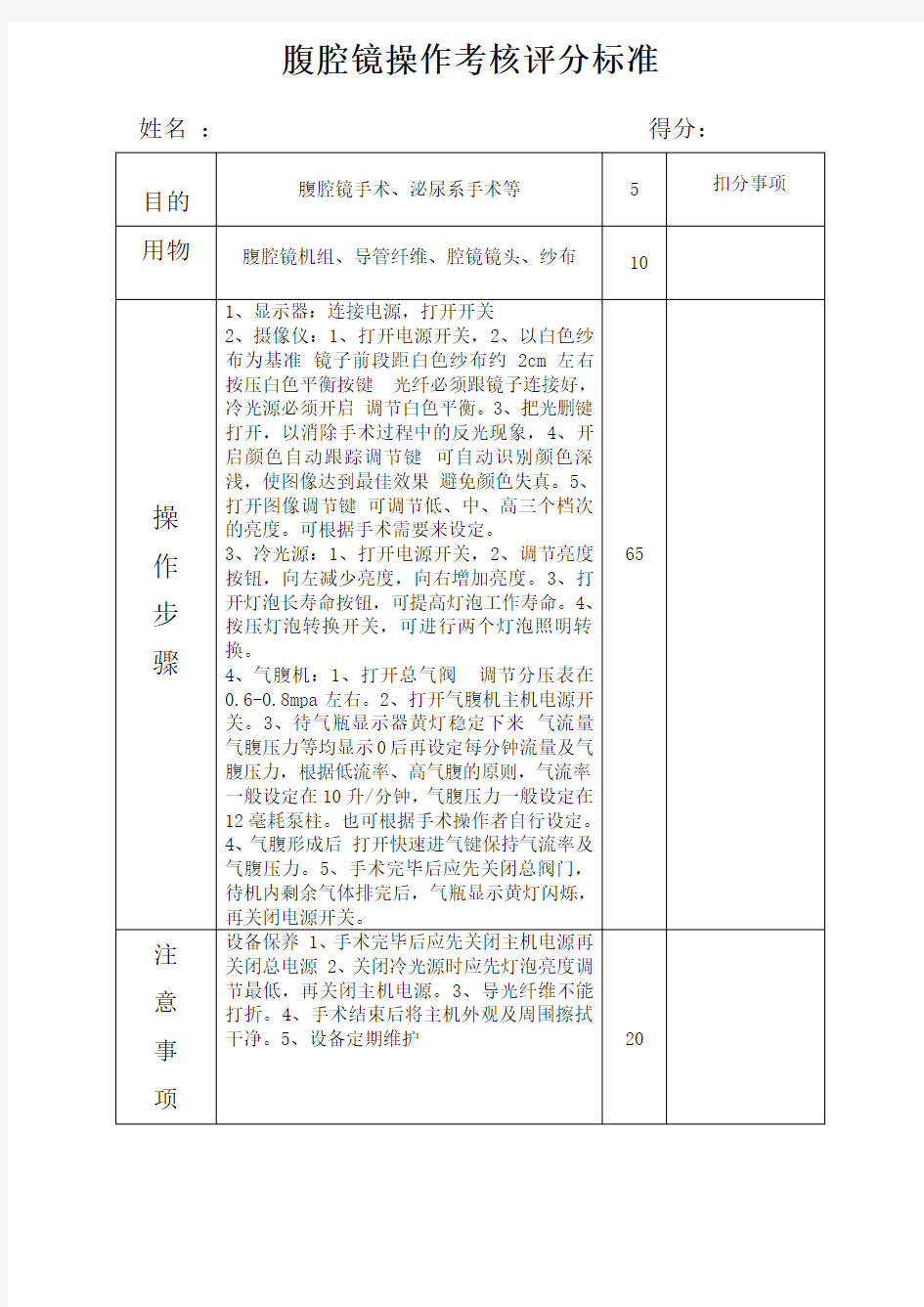 腹腔镜操作考核评分标准