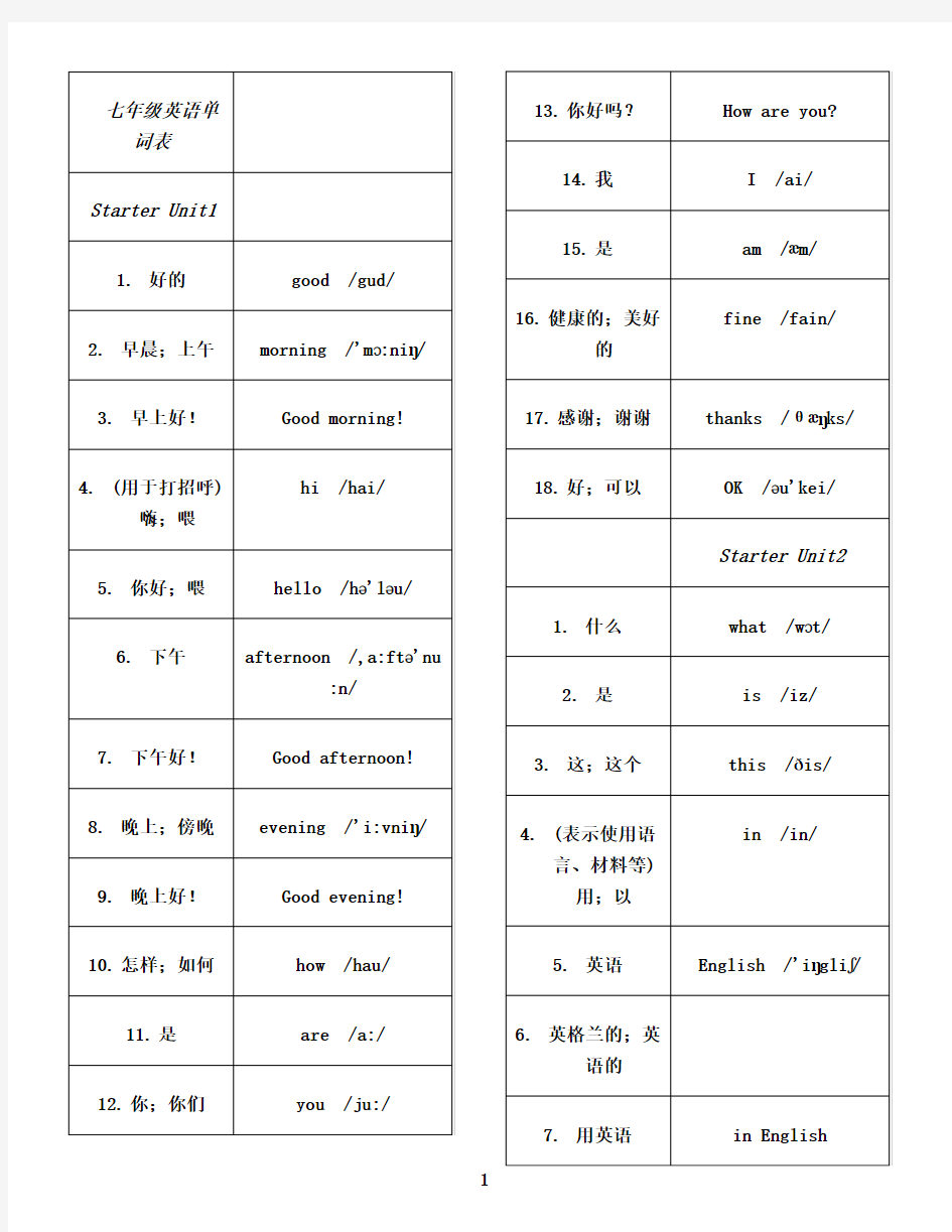 最新人教版七年级上册英语单词表