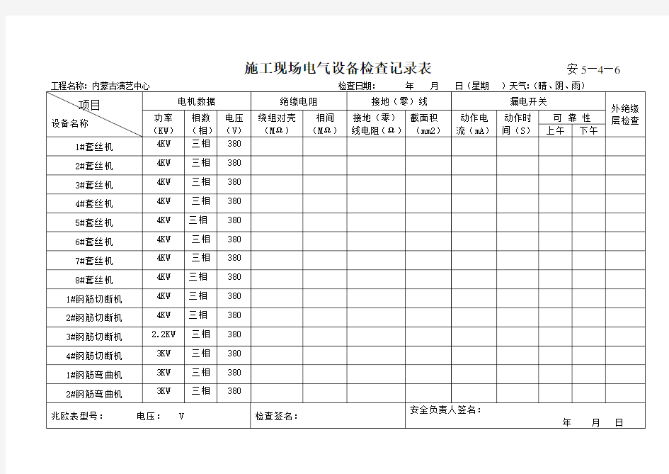 施工现场电气设备检查记录表精选