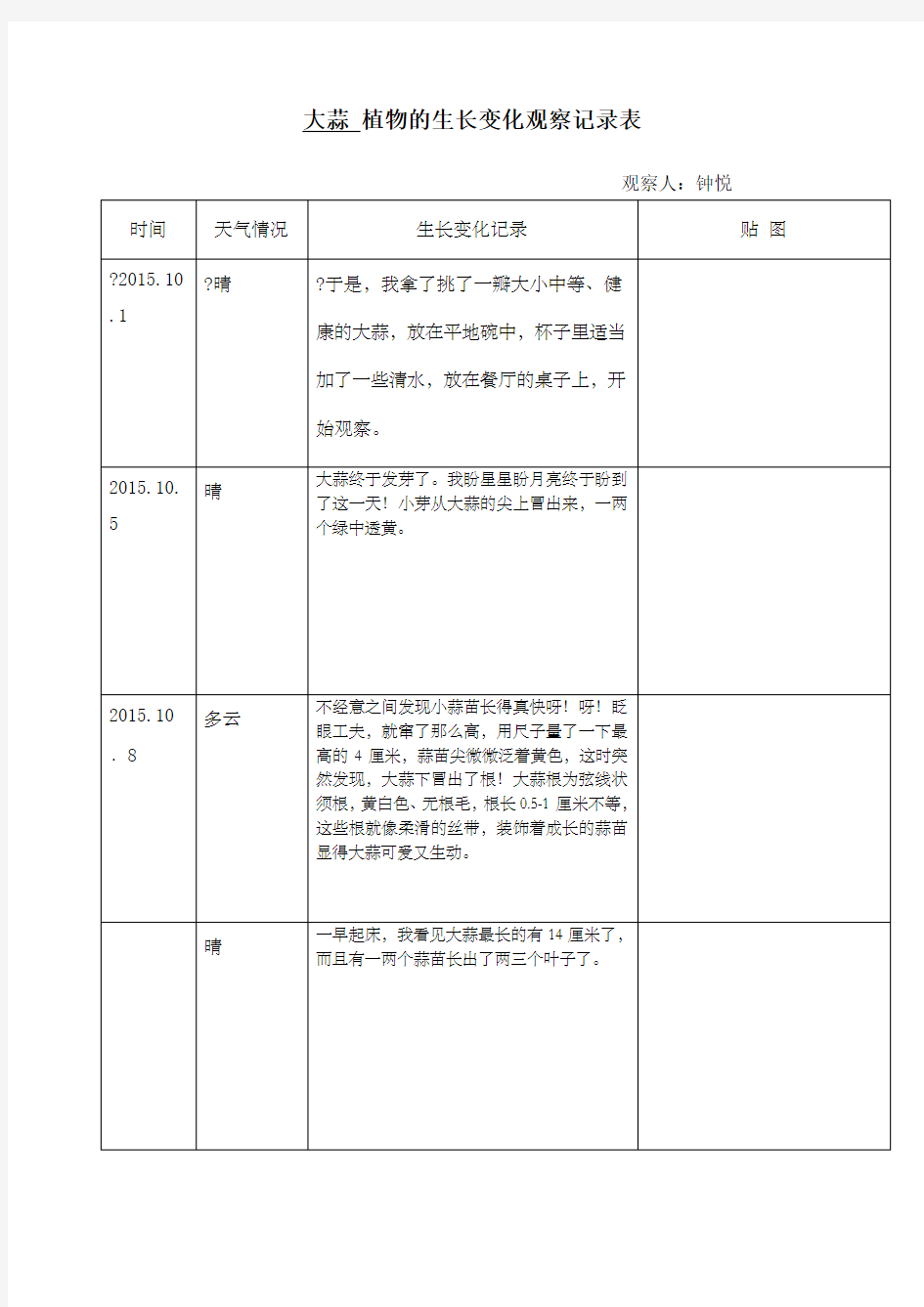 大蒜植物的生长变化观察记录