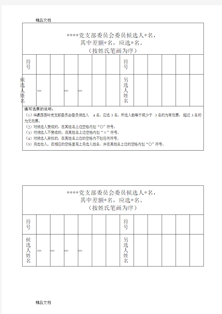 最新党支部委员会委员选票