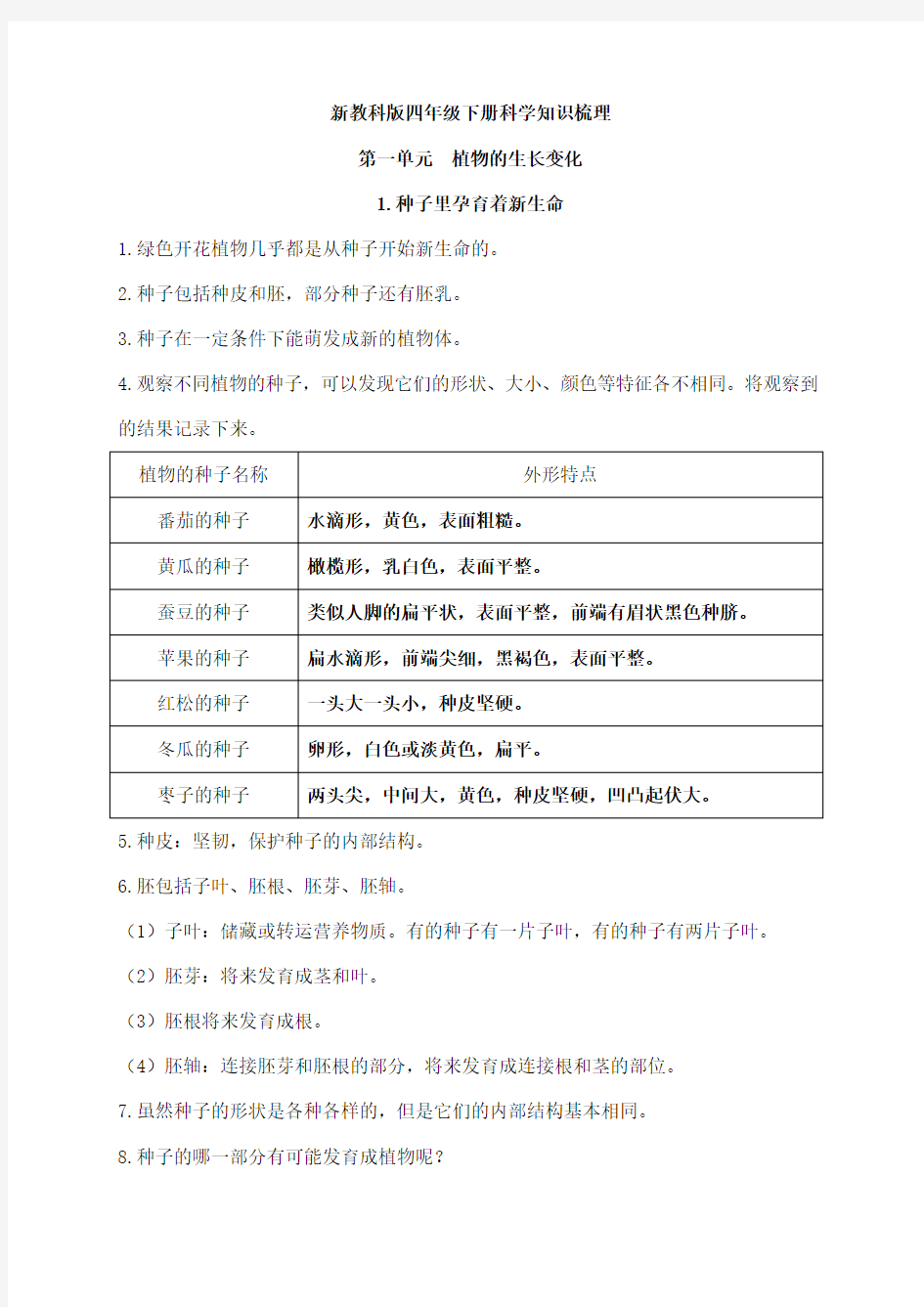 新教科版四年级下册科学第一单元《植物的生长变化》知识点