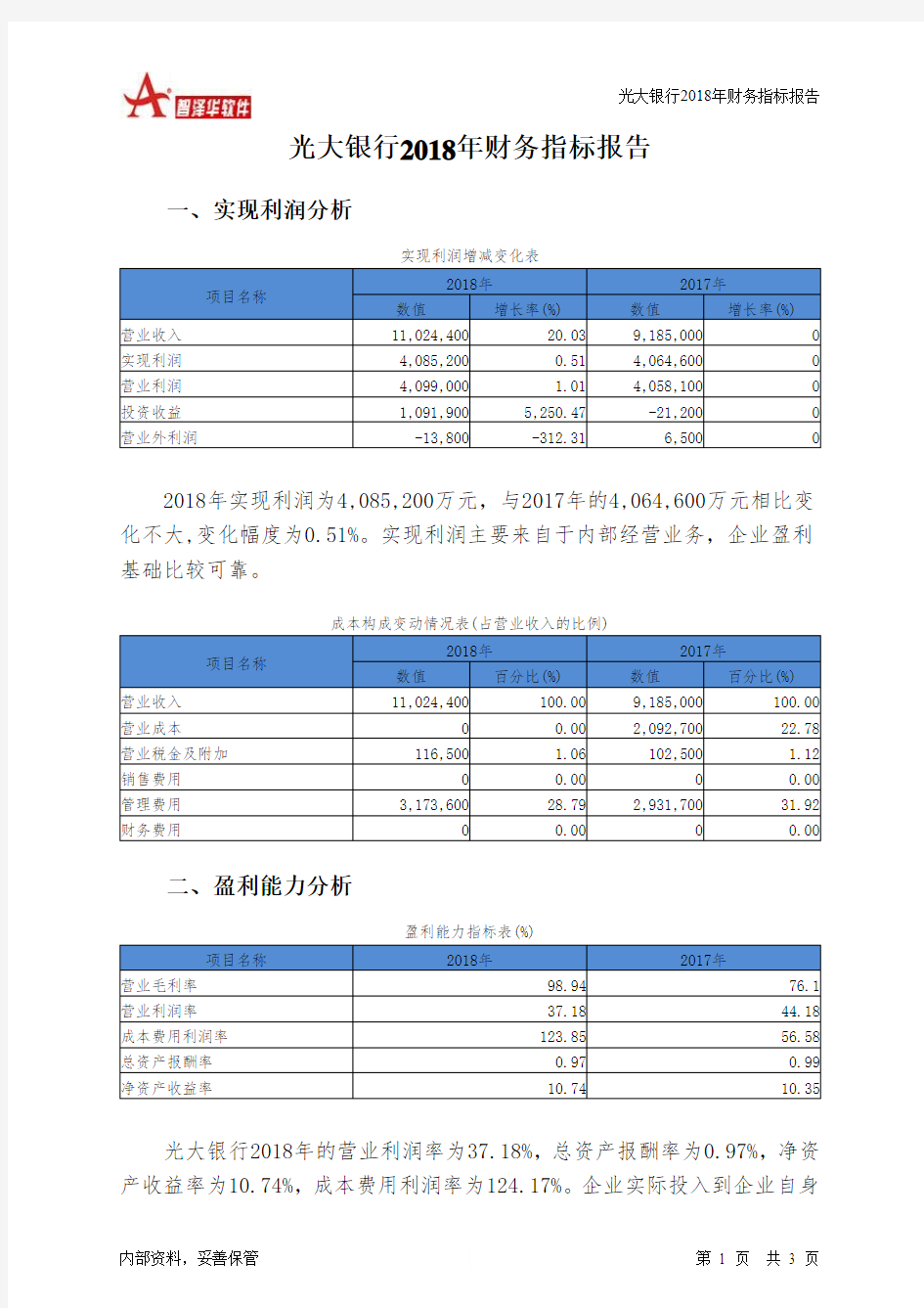 光大银行2018年财务指标报告-智泽华