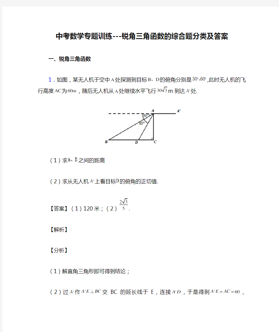 中考数学专题训练---锐角三角函数的综合题分类及答案