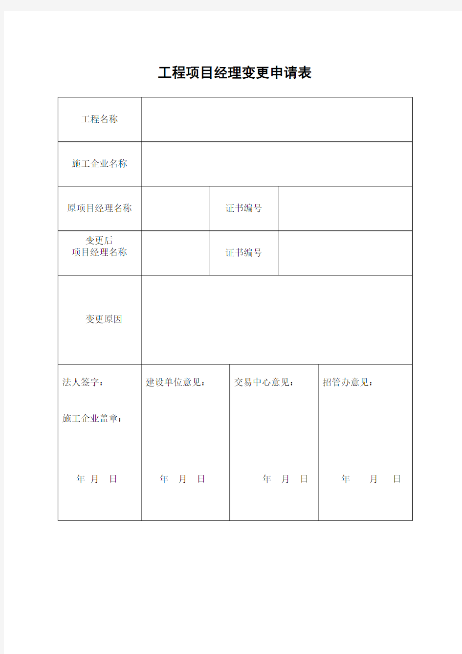 工程项目经理变更申请表