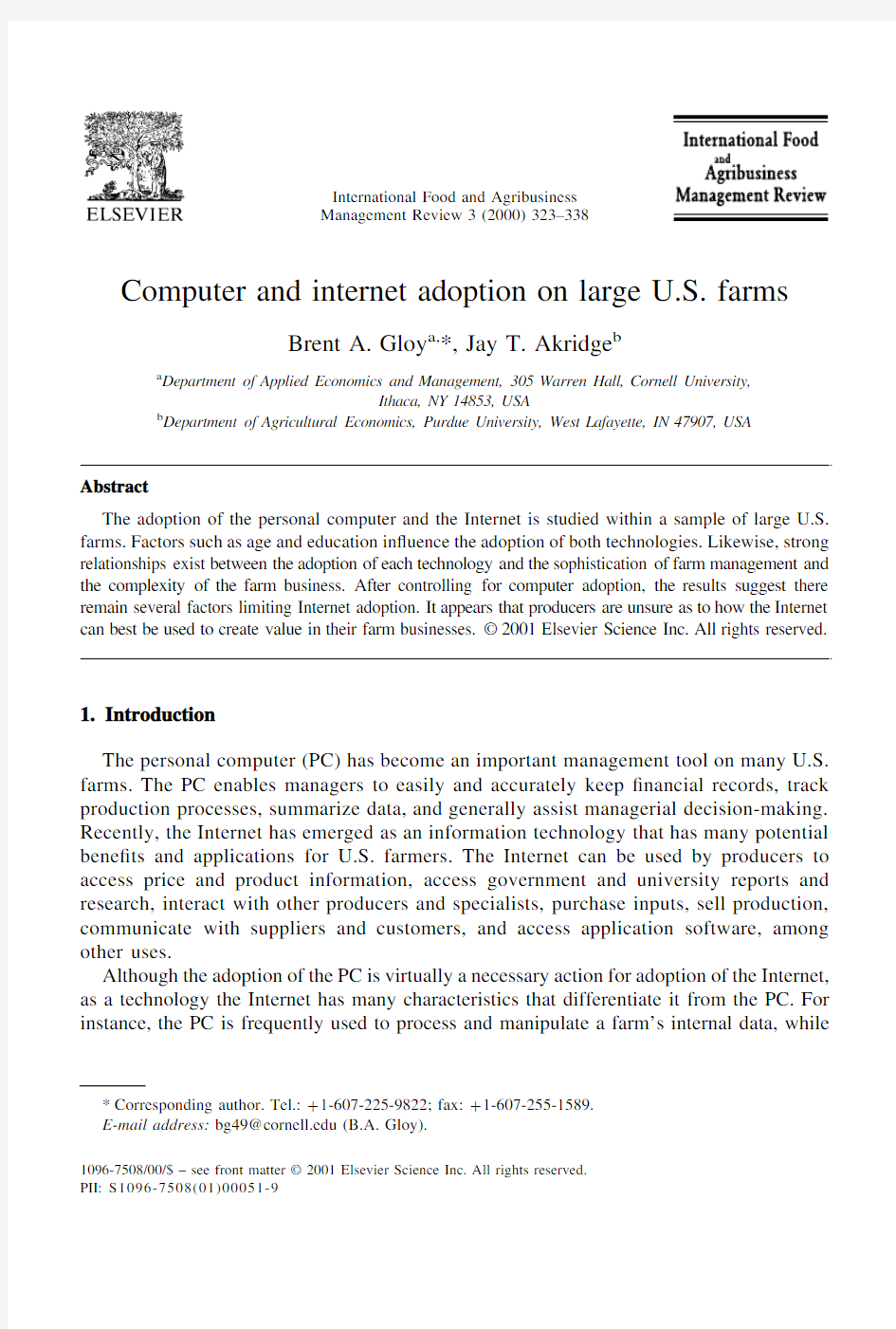 Computer and internet adoption on large US farms