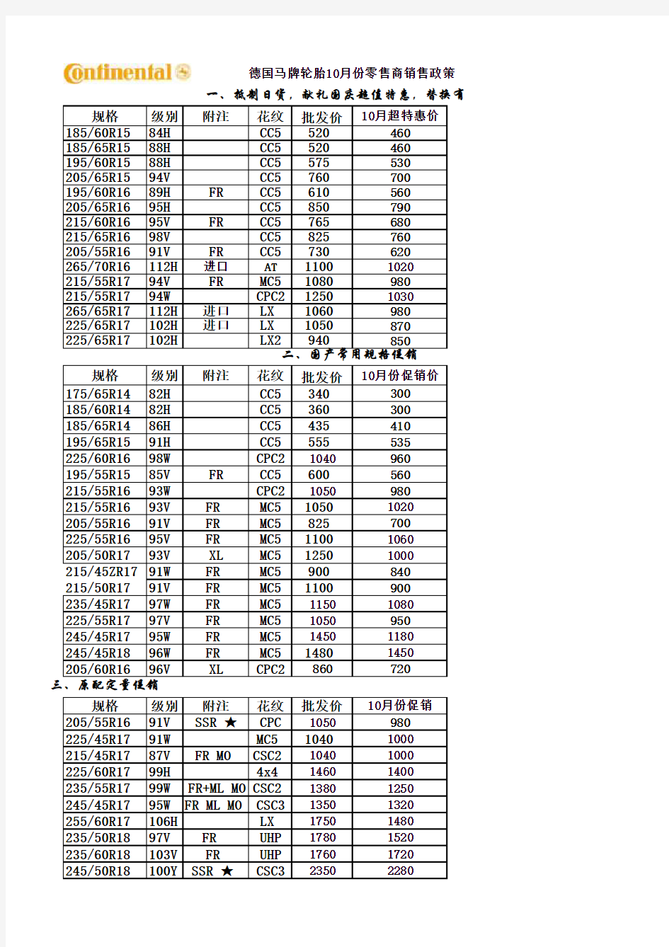 马牌轮胎报价表