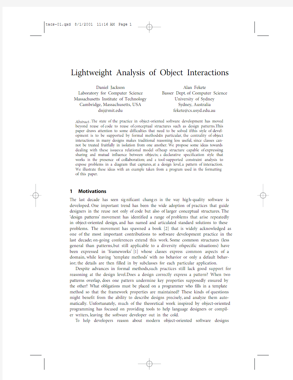 tacs-01.qxd 812001 1116 AM Page 1 Lightweight Analysis of Object Interactions