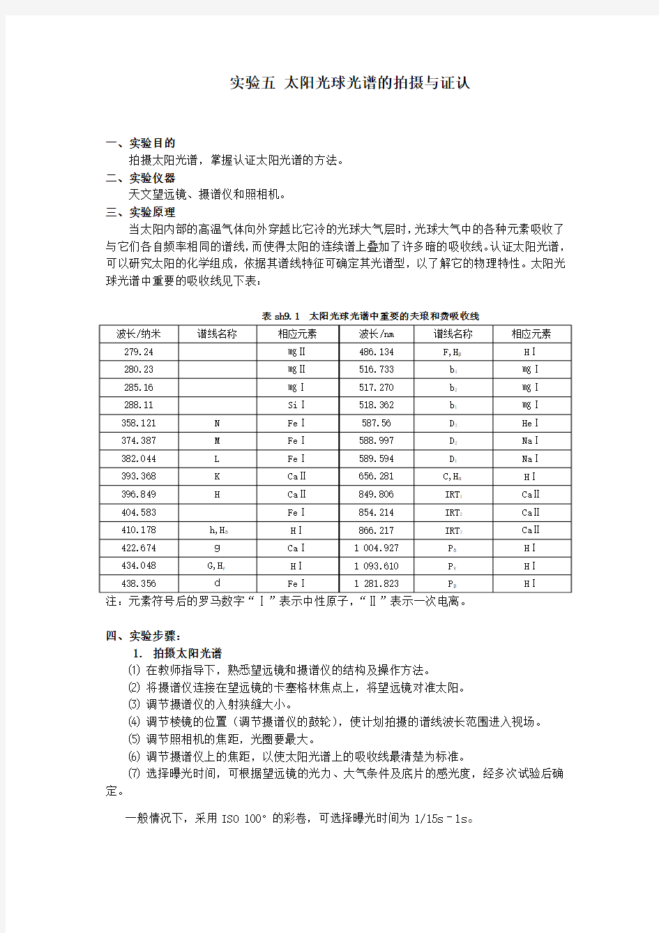 实验九 太阳光球光谱的拍摄与证认