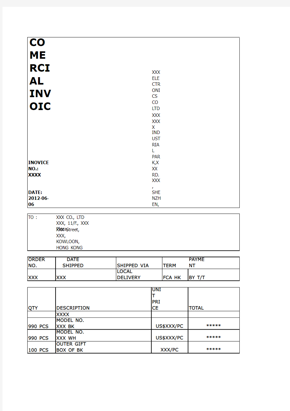 Commercial Invoice sample CI PL发票装箱单范本