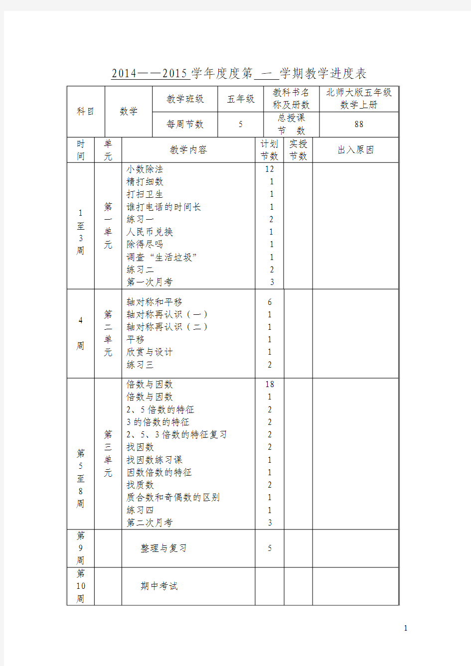 2014-2015学年度第一学期新北师大版五年级上册数学全册教案