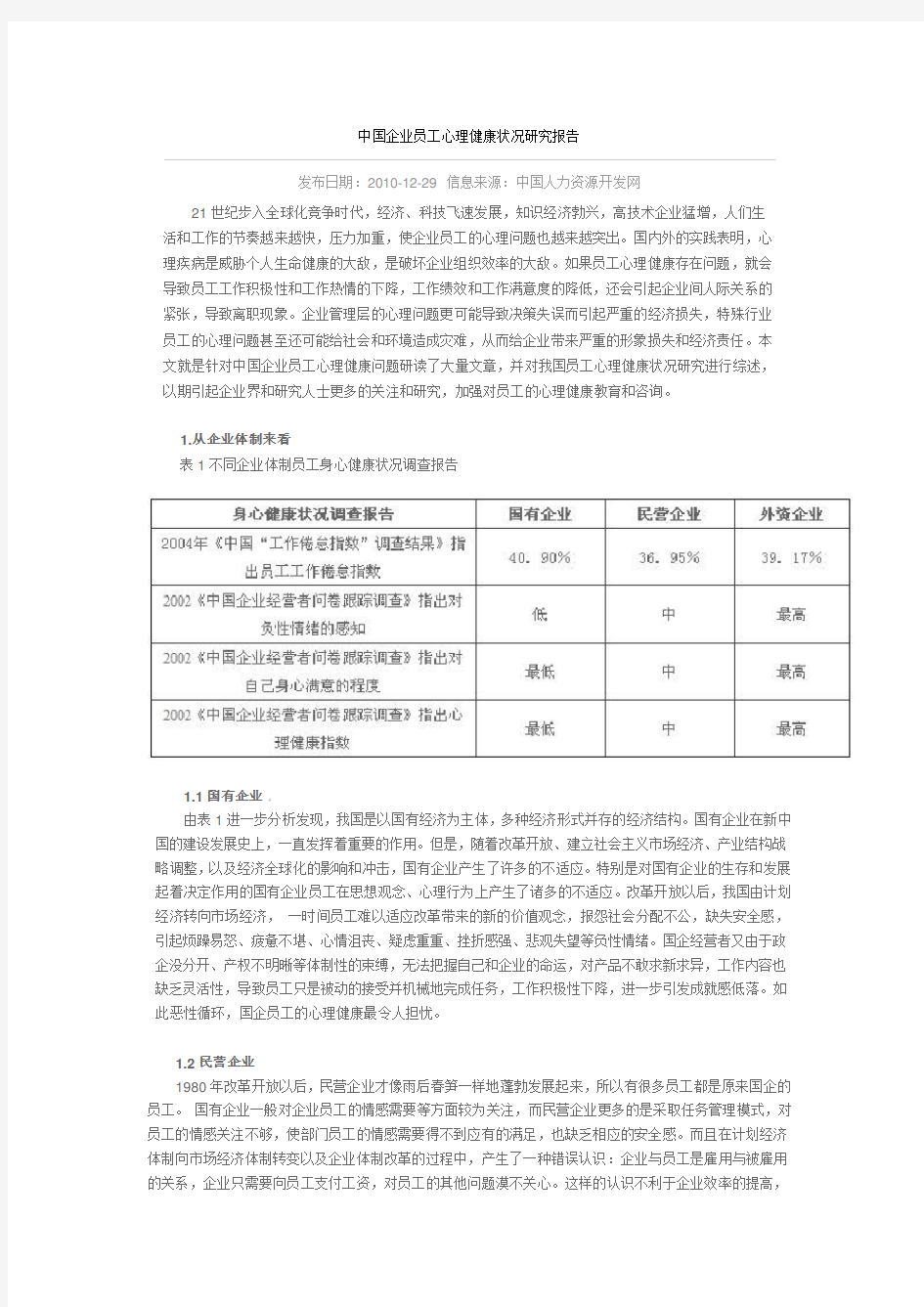 中国企业员工心理健康状况研究报告
