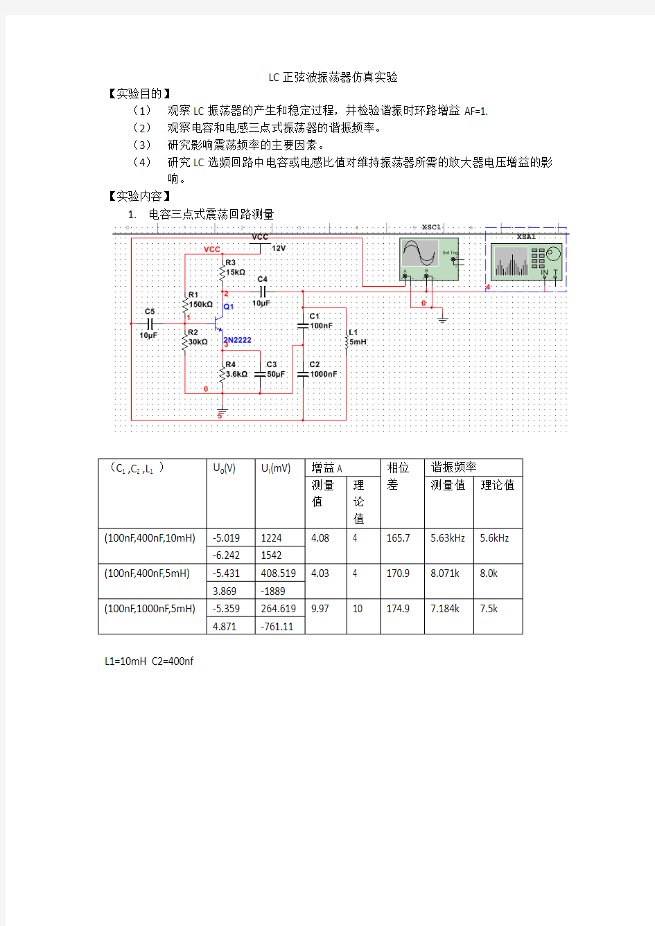 LC正弦波振荡器仿真实验