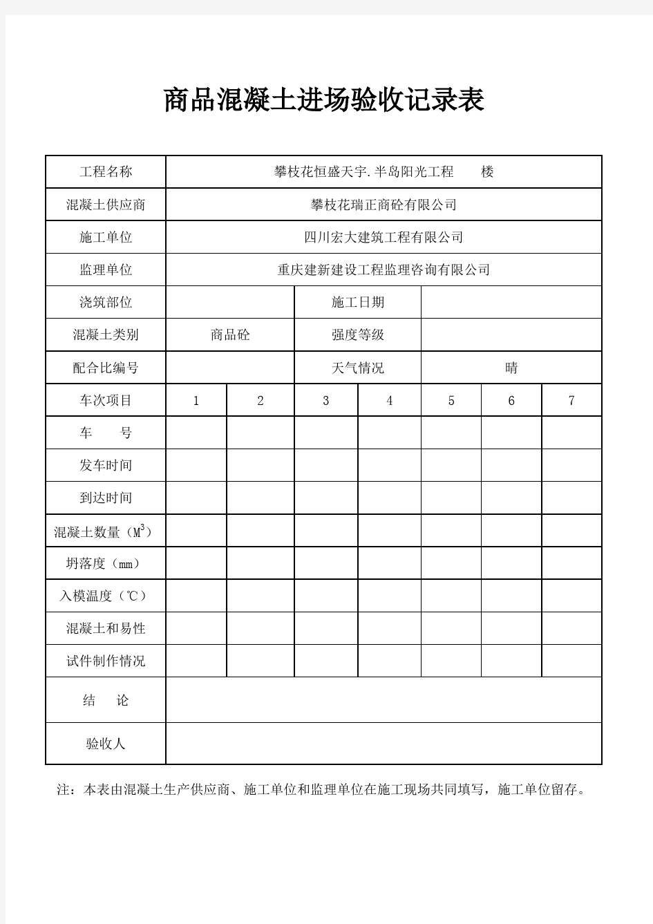 商品混凝土进场验收记录表