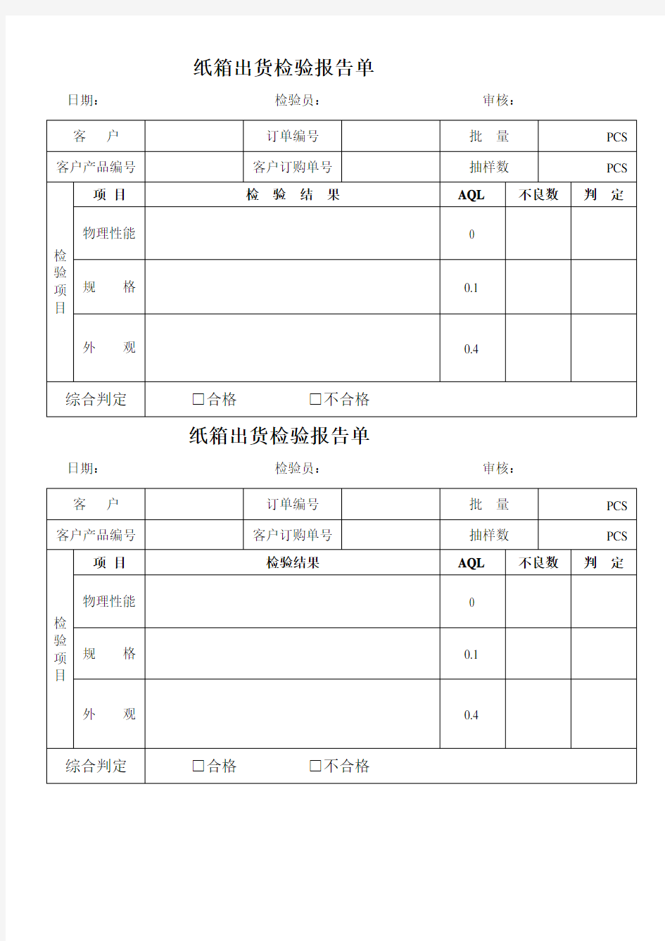 纸箱出货检验报告单