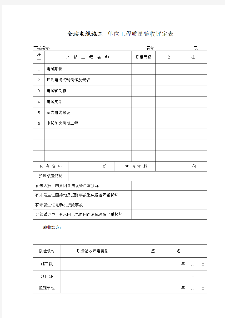 电力电缆工程质量验收评定表