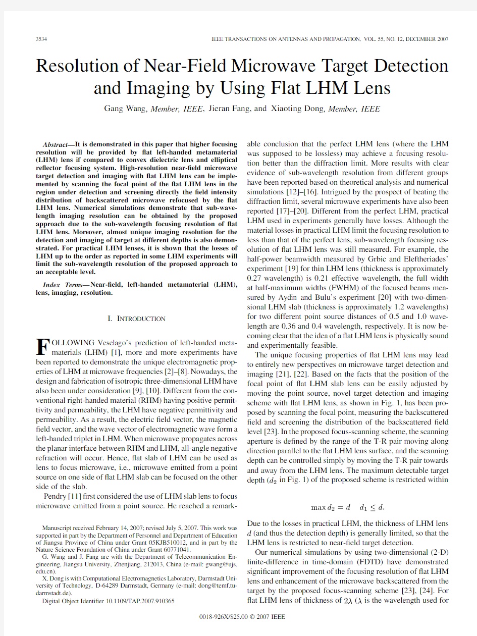 Resolution of Near-Field Microwave Target Detection and Imaging by Using Flat LHM Lens